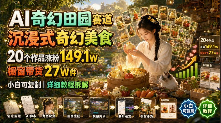 AI奇幻田园风：沉浸式美食创作 20个作品涨粉149万 橱窗带货27万件-梧桐有术