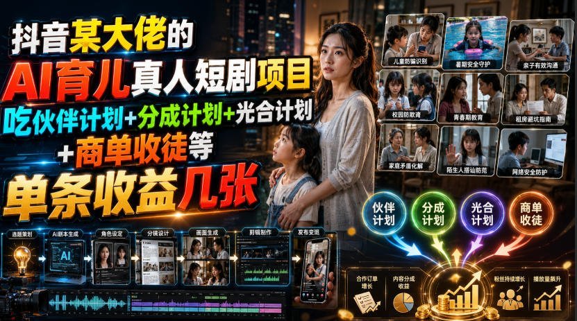 抖音大佬揭秘：AI育儿短剧项目，伙伴分成+光合商单-梧桐有术