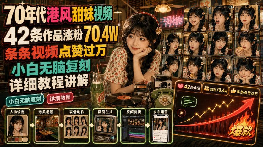 70年代港风甜妹视频:42条作品狂涨70万粉,条条爆款点赞破万!-梧桐有术