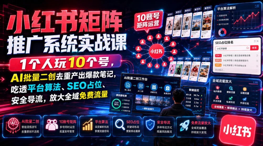 小红书矩阵实战：一个人...SEO占位与安全导流，引爆全域免费流量-梧桐有术