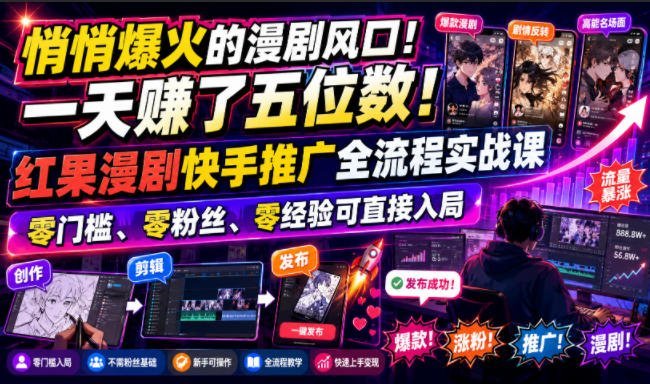 一天狂赚五位数的红果漫剧快手推广实战课，零门槛、零粉丝-梧桐有术