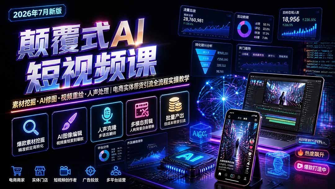 AI短视频全流程实操课：素材挖掘+智能修图+视频重绘+人声处理-梧桐有术