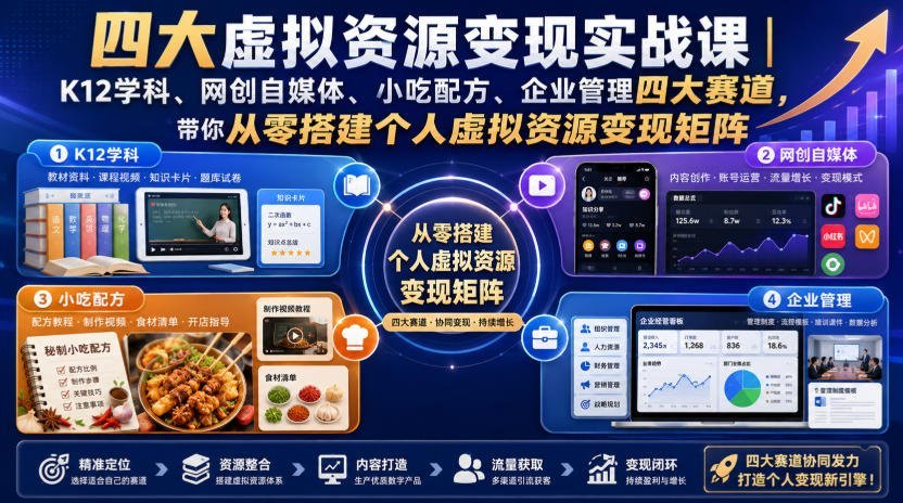 零基础玩转虚拟资源变现：四大赛道实操指南 搭建个人盈利体系-梧桐有术