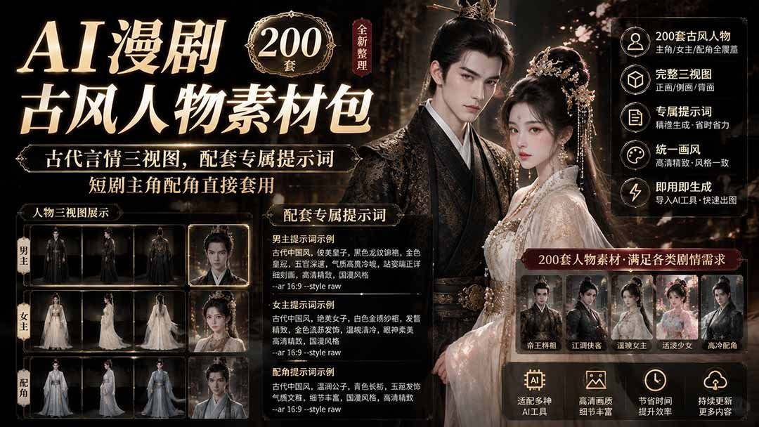 古风AI漫剧素材包｜200套古代言情人物三视图+专属提示词-梧桐有术