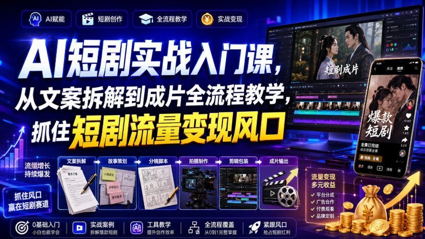 短剧掘金实操课：零基础拆解爆款文案，全流程制作到变现一网打尽-梧桐有术