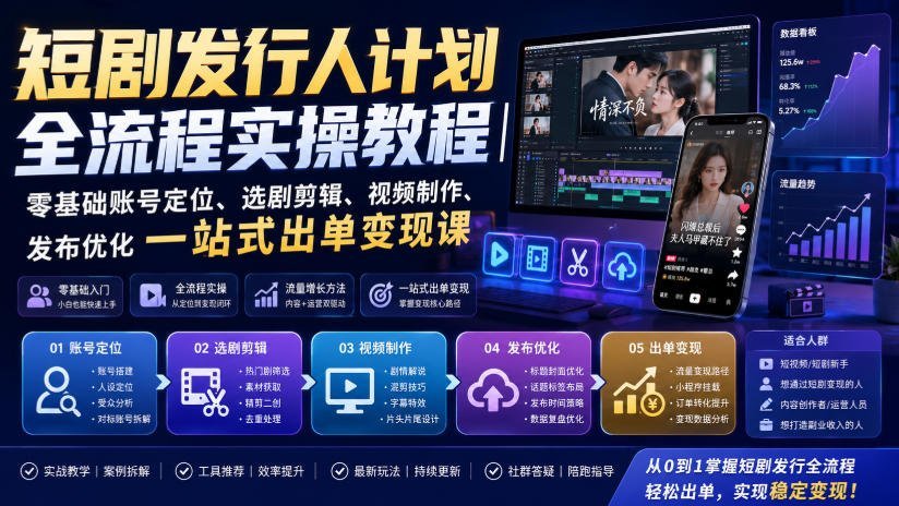 短剧发行人0基础实操 从账号定位、选剧剪辑到发布变现-梧桐有术