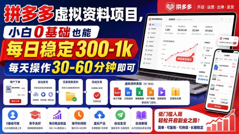 拼多多虚拟资料副业:零基础小白日入300-1000,半小时轻松操作-梧桐有术