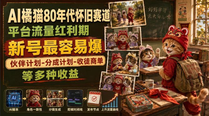 AI橘猫带你穿越80年代怀旧赛道，伙伴分成+收徒商单多重收益-梧桐有术