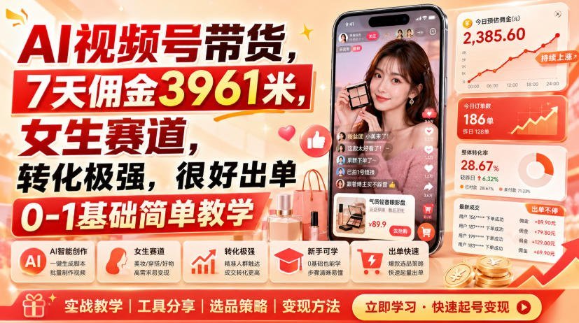 AI视频号带货7天赚3961元，女生赛道转化率超高，0基础也能上手-梧桐有术