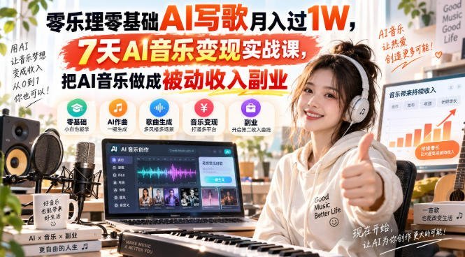 AI写歌，7天实战课教你月入过万，把AI音乐变成持续赚钱的副业-梧桐有术