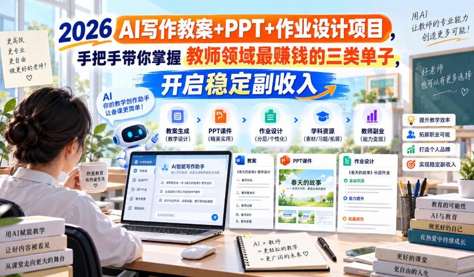 AI写作教案、PPT与作业设计实战：掌握教师最赚钱的三类接单方向-梧桐有术