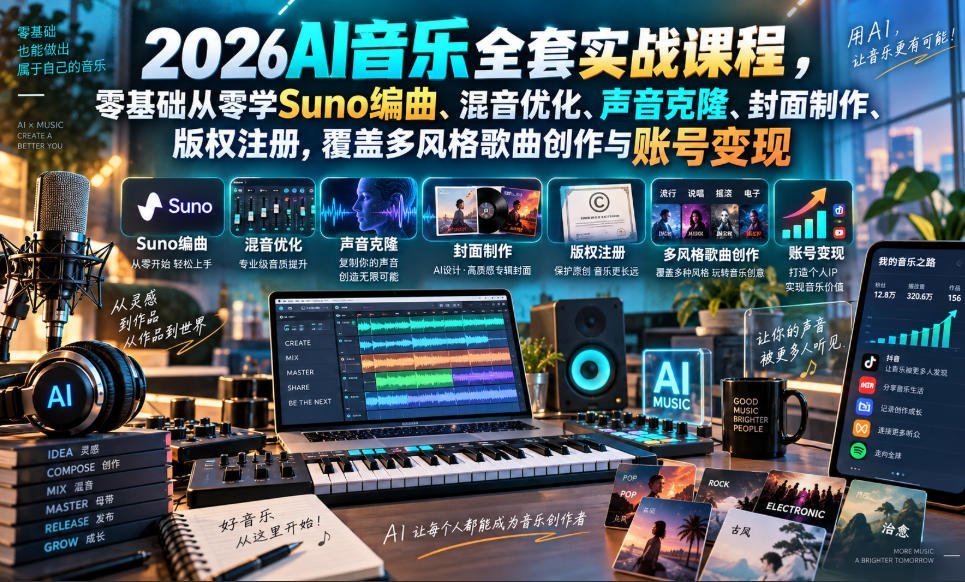 零基础AI音乐实战课：Suno编曲混音、声音克隆与版权注册-梧桐有术
