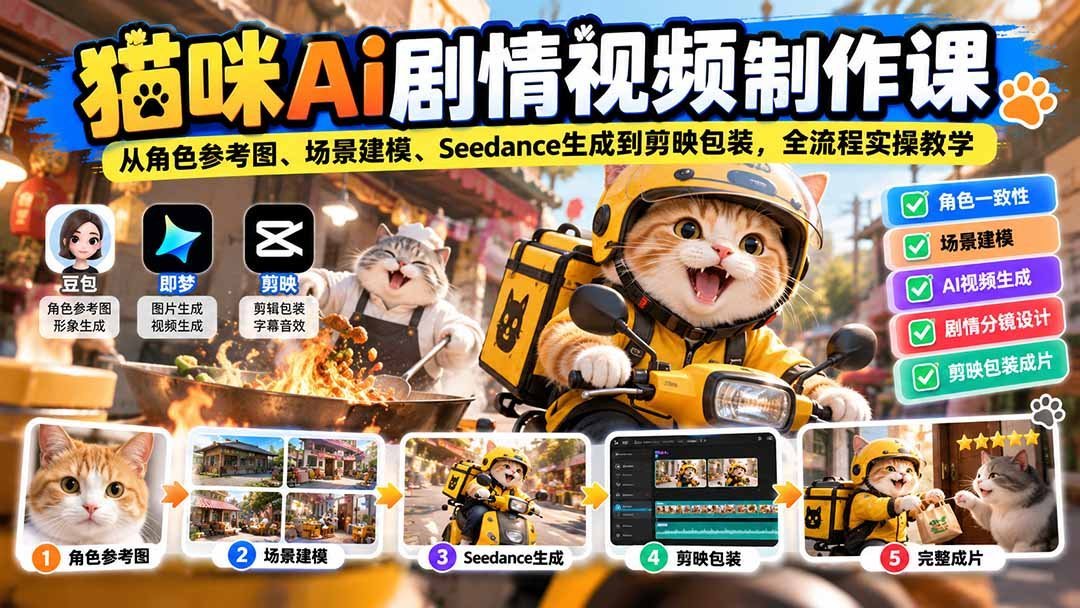 猫咪AI剧情视频全流程实战课：角色参考图 场景建模 Seedance生成-梧桐有术
